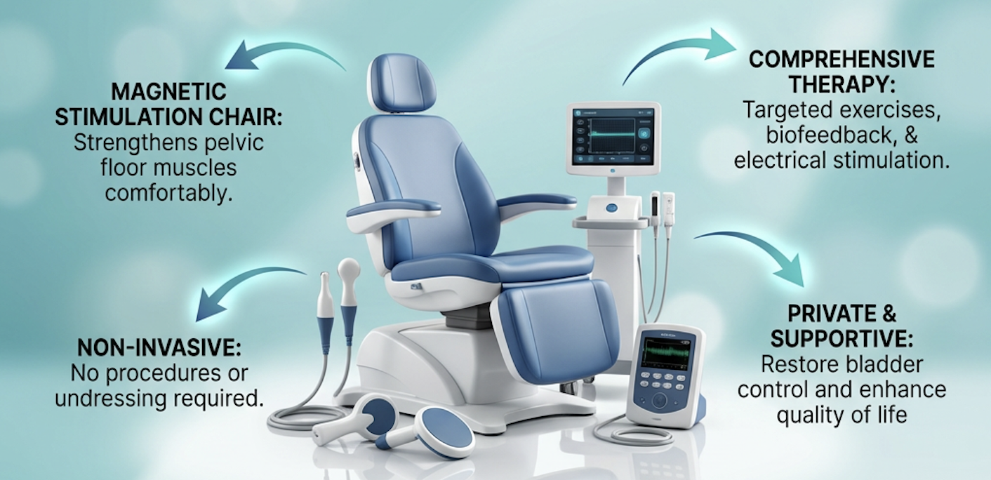 Pelvic health rehabilitation equipment including magnetic stimulation chair, biofeedback systems, and ultrasound assessment